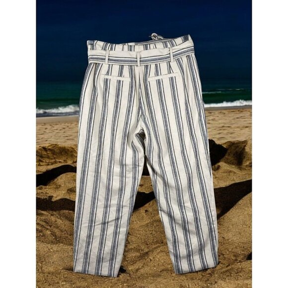Lauren Ralph Lauren Striped Linen-Blend Pants Size 4P | Belted High-Waist | - Picture 2 of 13